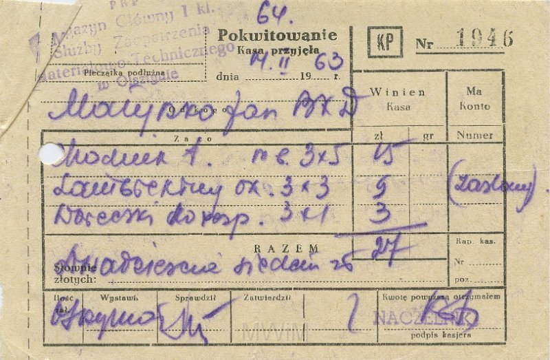 KKE 5447-2.jpg - Dok. Pokwitowanie dla Jana Małyszko, Ostróda, 1963 r.
